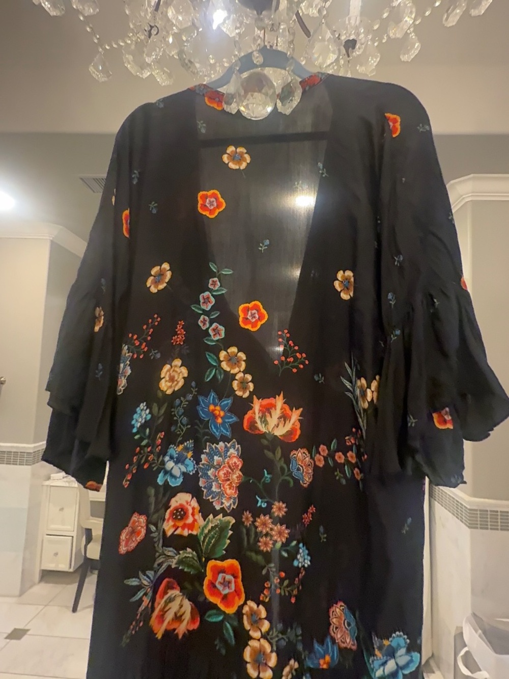 Johnny Was Nora Ruffle Kimono Black Floral Silk Boho Duster Cover-Up - Picture 10 of 13